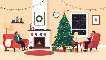 Naklejka premium Cozy Christmas evening scene with a couple reading by a fireplace in a decorated living room with a large holiday tree.