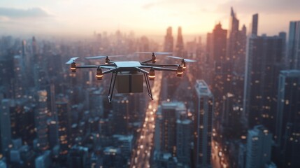 Drone Delivery Over Cityscape at Sunset: Futuristic Logistics Concept
