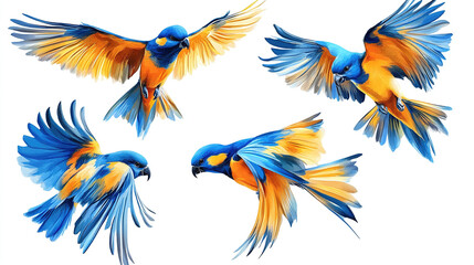 Obraz premium Colorful tropical birds flying in mid air with vibrant blue and orange feathers against a white background in a realistic style