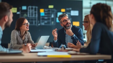 Dynamic Business Meeting: Diverse Team Collaboration with Architectural Blueprint Backdrop