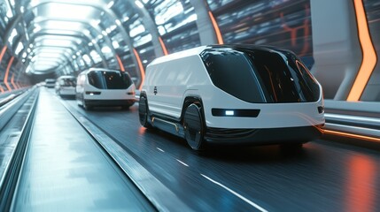 Fototapeta premium Futuristic Autonomous Vehicles in a High-Tech Transportation Tunnel.