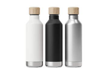 Three insulated water bottles with cork stoppers isolated on transparent background