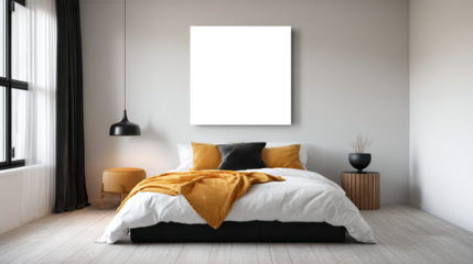 Modern interior mockup with blank vertical picture frame, black lounge chair with yellow pillow