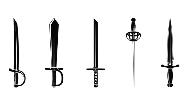 A collection of medieval swords and blades in black silhouette