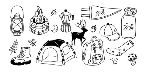 Hand drawn camping line art icons set with tent, lantern, campfire, backpack, deer and outdoor nature elements. © Illustartathome