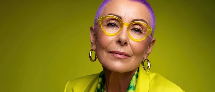 Vibrant Senior Woman with Purple Hair and Yellow Glasses Portrait