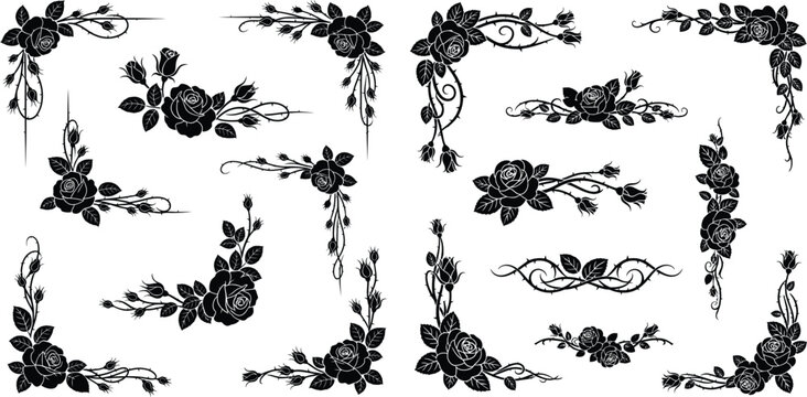 Rose borders and corner designs, floral collection with thorns, ornate frame elements