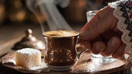Steaming hot traditional Turkish coffee served in an ornate cup with a refreshing glass of water and sweet Turkish delight on a decorative silver tray evoking a sense of cultural heritage and warm ho.