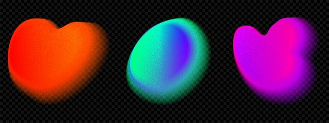 Abstract gradient blob with red, green and blue aura. Soft color blur with grain overlay. Orange yellow and pink fluid shape with mesh glow and noise texture. Aurora grainy y2k effect vector © Mariia