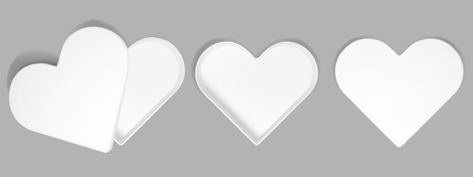 Top view of white heart box. Open valentine package with shadow. Realistic cardboard gift mockup in 3d with empty interior and paper cover. Small love present for makeup or candy on birthday