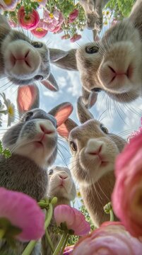 Una vista en perspectiva de varios conejos curiosos asom&aacute;ndose entre vibrantes flores rosadas.