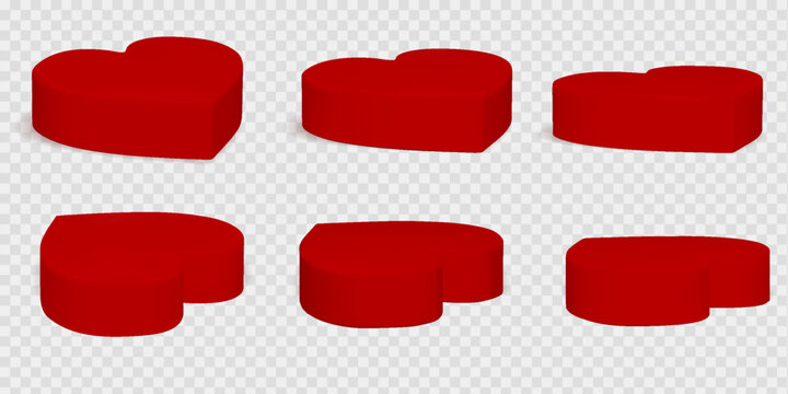 Red heart podium with 3d love shape platform for valentine day product display. Modern realistic pedestal with bright gradient light and shadow on gray background. Mockup for cosmetic showcase design