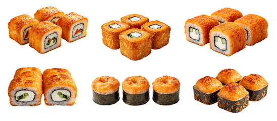 Set of Japanese sushi and rolls food presentation PNG..