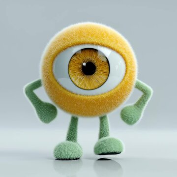 Un adorable personaje con forma de ojo, cubierto de pelusa amarilla y con extremidades verdes.