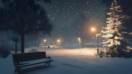 Serene snowy park at night with bench and streetlights