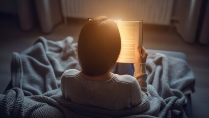 Person cozily reading a book in dim lighting, illuminated pages glow brightly