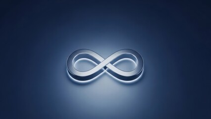 Shiny, metallic infinity symbol on a dark blue gradient backdrop with soft lighting