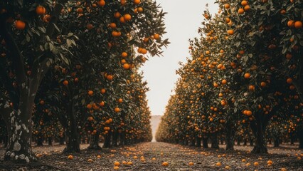 Rows of orange trees laden with fruit extend to the horizon under an overcast sky