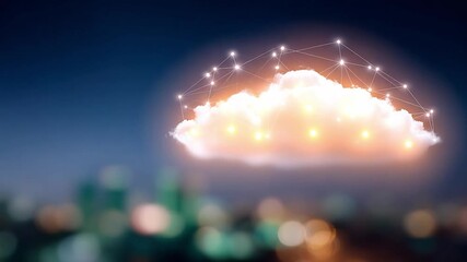 Cloud Computing: A glowing cloud hovers above a blurred cityscape, with interconnected points of light suggesting the vastness and connectivity of data and the digital realm.  - Powered by Adobe