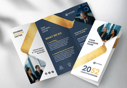 Corporate brochure design template &ndash; Professional modern tri-fold leaflet with geometric layout and business theme in Gold and Dark Blue