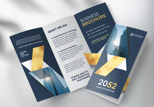 Corporate brochure design template &ndash; Professional modern tri-fold leaflet with geometric layout and business theme in Gold and Dark Blue