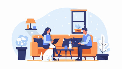 A couple and their dog relax on a couch, working on laptops in a cozy, modern living room