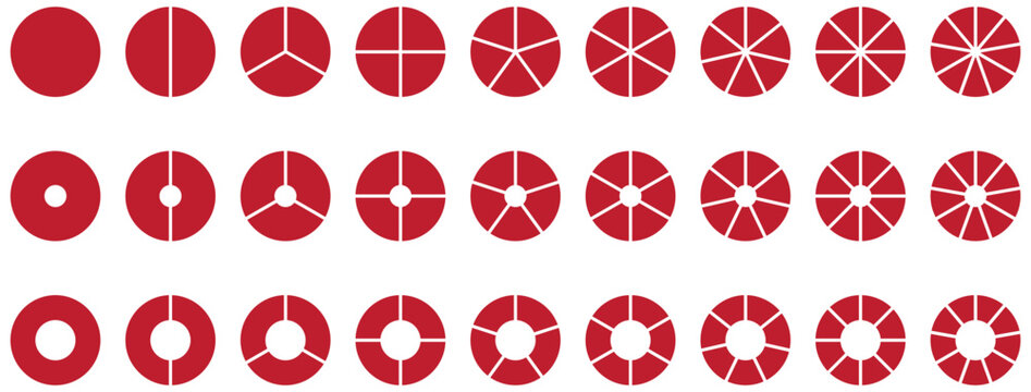 Silhouette pie chart icons. Circular pie chart segmentation icons in various split parts for infographic analytics and statistics. Flat style. Vector illustration.