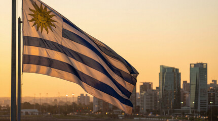 The Uruguay flag proudly waving during sunset with a city skyline backdrop, capturing the essence of urban life. Ideal for travel promotions or cultural showcases.
