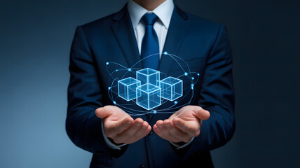 Businessperson holding holographic cubes network symbolizing blockchain technology and decentralized digital systems