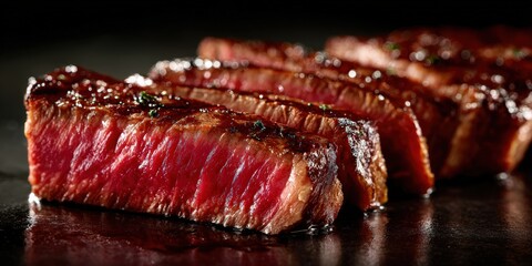 Gourmet Sliced Medium-Rare Wagyu Beef Steak on Dark Background