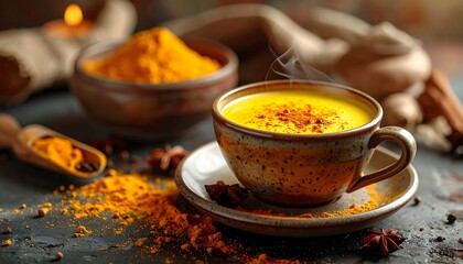 Turmeric tea in ceramic cup on table.