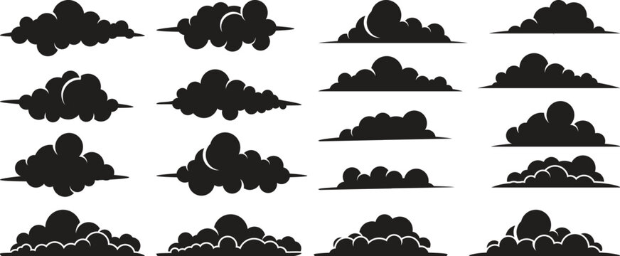 Set of clouds. Hand drawn clouds set. Cloud vector graphic design. Black cloud icon. Set of clouds silhouette isolated on white background. Graphic weather sky cloud collection.