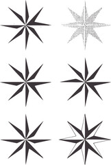 Six minimalist black eight pointed starburst shapes