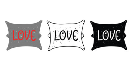 Three colorful pillows with the word love on a white background