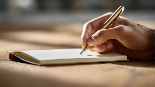 A person's hand writing in a notebook