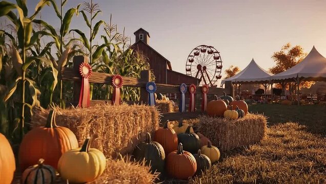 A vibrant autumn pumpkin patch with a Ferris wheel in the background at sunset.