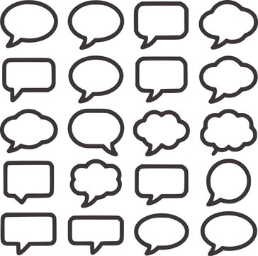 Sixteen black empty speech bubbles in various shapes oval
