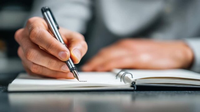 A person's hand writing in a notebook