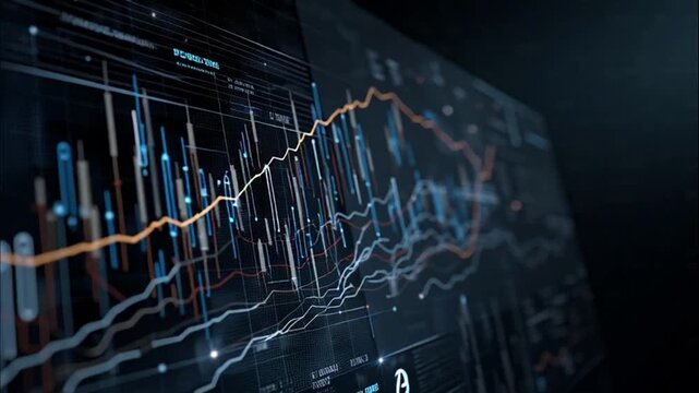 Close-up of a financial graph on a screen with various colored lines and bars on a dark background with a shallow depth of field.