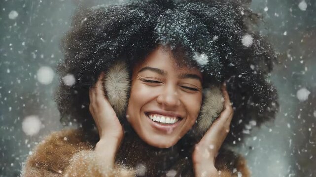 black African woman wearing earmuff smile at outdoor winter snow falling 