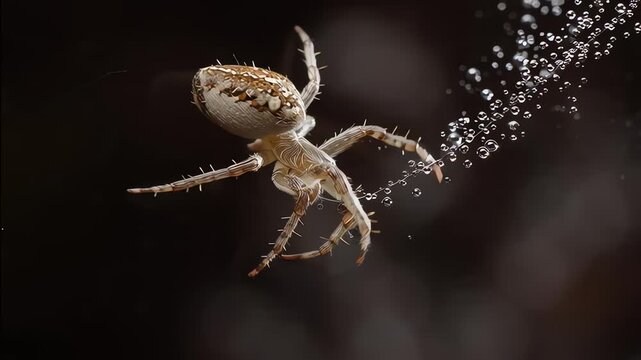 Macro of spider web with water droplets on black background