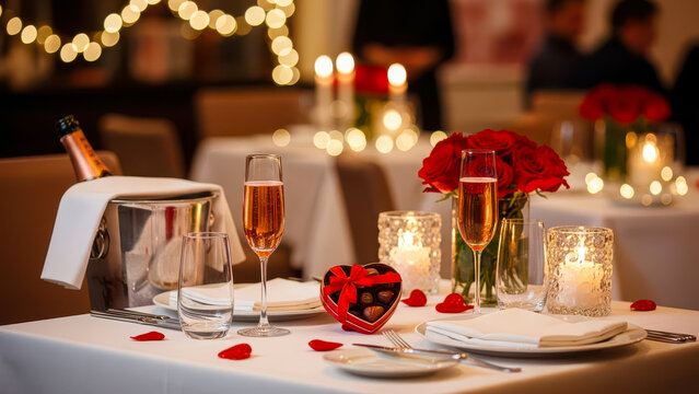 An elegant romantic dinner table setting featuring champagne, red roses, and warm candlelight