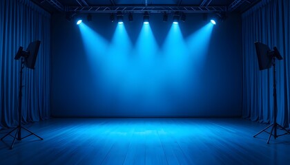 Perspective blue studio room with floor backdrop, soft gradient spotlight background for showcasing products or artwork