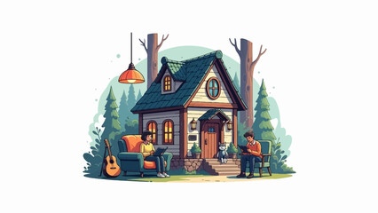 A couple reads peacefully outside their cozy woodland cottage, with their cat and a guitar nearby