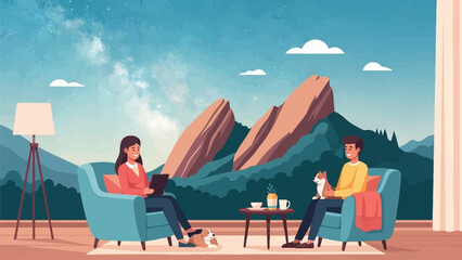 Fototapeta na wymiar A couple relaxes at home with their dogs, enjoying a scenic mountain vista under a starry night sky