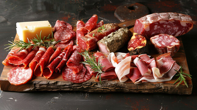 French Charcuterie Board: Selection of artisanal cured meats, saucisson, and jambon cru served on a rustic wooden platter with herbs and fromage.