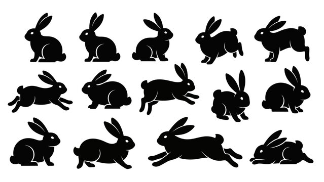 Collection of black rabbit silhouettes in various poses