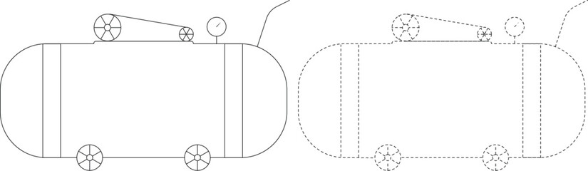 Air compressor tank outline icon set with solid and dashed stroke, industrial equipment line drawing, pneumatic machine silhouette isolated on white background vector