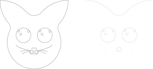 Cute cat face outline icon set with solid and dashed stroke, simple animal head line art, pet character illustration isolated on white background vector