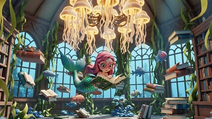 Whimsical mermaid reading book among colorful sea creatures in fantasy setting